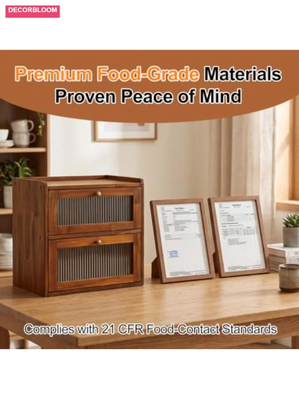 Solid Pine Wood Large Double Layer Bread Box with Acrylic Window